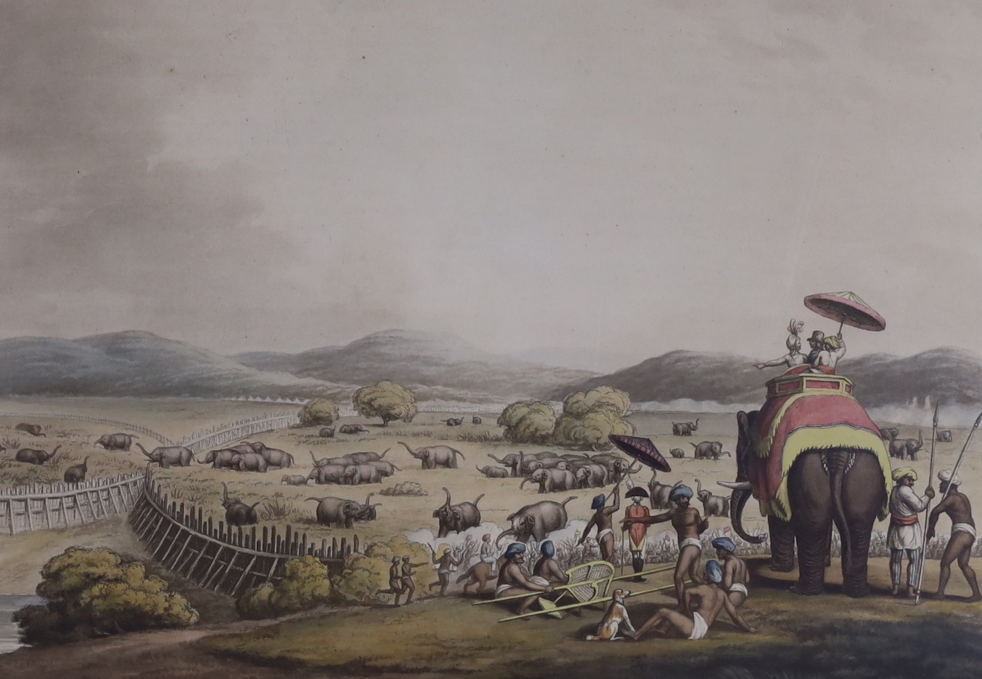 Edward Orme Publ. 1805, four colour prints from Oriental Field Sports, 'The Tiger at Bay', 'The Hog Deer at Bay', 'Hunting a Kuttauss or Civit Cat' and 'Driving elephants into a keddah', overall 36 x 47cm